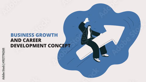 Vector illustration of a woman flying forward on an arrow, concept of ambition, progress, and determination