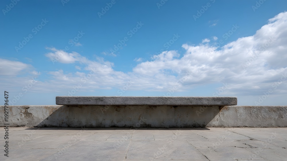 Fototapeta premium A weathered stone bench rests under a vast blue sky with scattered white clouds situated on a paved surface