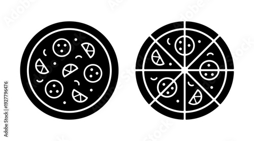 Whole round pizza minimal black icon, silhouette isolated on white. Full and sliced pizza with pepperoni and tomatoes. Vector clipart for minimalist Italian food design or pizzeria logo.