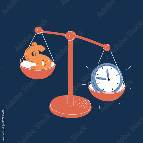 Vector illustration of scales with money and a clock on different sides, concept of balancing time and finances, priorities, and decision making