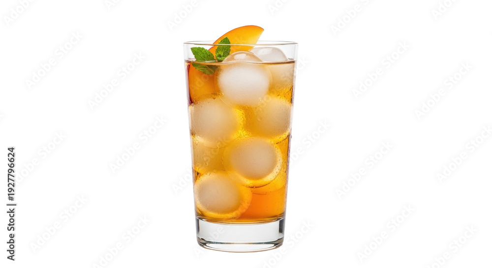 Fototapeta premium Isolated glass of iced tea with peach slice and mint, refreshing summer beverage drink