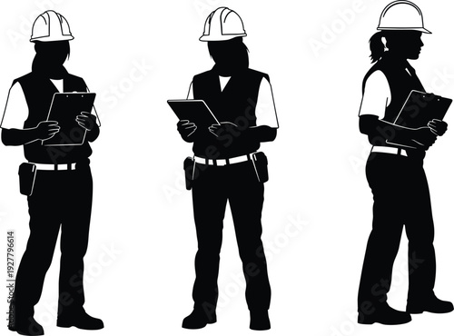 Black silhouette set of female construction engineers wearing hard hats holding clipboards and digital tablets for site inspection safety management and industrial building project.