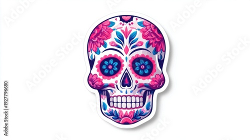 Vibrant sugar skull art with floral patterns and bright pink and blue colors