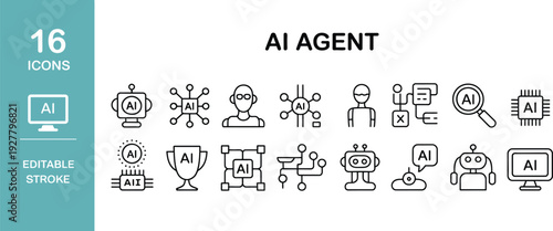 AI comprehensive agent and chat bot icon collection, including virtual assistant, smart bot, autonomous technology and digital support symbols, optimised for high search ranking visibility.