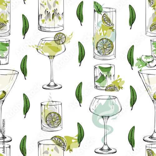 Citrus wheels, martini, coupe and highball cocktail glass ink silhouettes, olive leaves divider. Seamless vector pattern hand drawn for bar menu design, lifestyle graphics, kitchen decor, notebooks