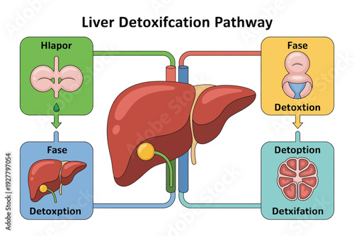 Liver detoxification pathway medical illustration with diagram and phases