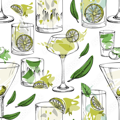Minimal pattern of martini, mojito and margarita outlines hand drawn in ink. Alcoholic beverages, lemonade drink for culinary branding, wallpaper, product surface prints, stationery and themed merch.