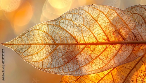 Translucent Autumn Leaf with Veins Closeup.
