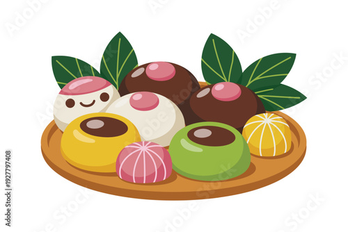 A colorful illustration of mochi on a wooden plate with leaves