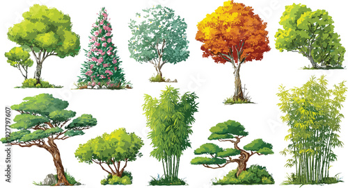 Collection of diverse trees and bamboo plants in various colors and styles nature green