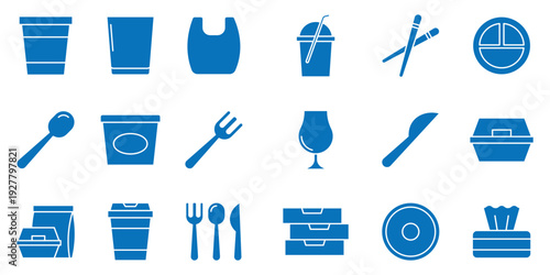 Disposable tableware and food packaging solid blue icons set. Chopsticks, plastic cup, carrier bag, glass, pizza box, take away container, napkin, cutlery fork spoon knife vector illustration.