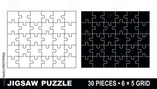 30 pieces jigsaw puzzle template in 6x5 grid rectangle layout with clean outline, editable vector on white background for cutting, laser and print, blank puzzle design for kids game