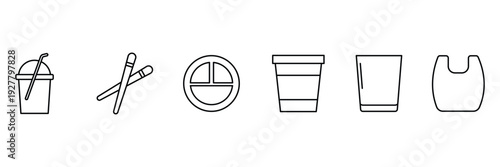 Disposable tableware and food packaging icons set, featuring pizza box, paper plate, coffee cup, cutlery, chopsticks, container and bag vector illustration