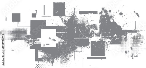 Grey abstract geometric shapes and distressed textures. Halftone dots and splatters create a chaotic yet organized composition