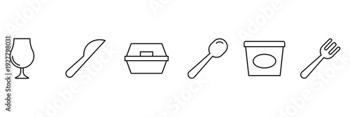 Disposable tableware icons set featuring pizza boxes, paper plate, tissue box, take away food container, coffee cup, chopsticks, plastic bag and cutlery vector illustration.