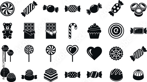 Black Candy and Sweet Dessert Silhouette Icon Set Featuring Chocolates, Lollipops, Cupcakes, Pastries, and Confectionery Symbols for Packaging and Design