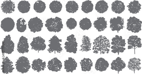 Collection of grey tree silhouettes with varied foliage shapes and trunk structures leaf
