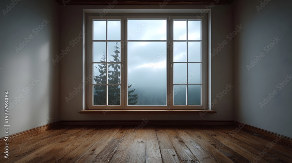 Fototapeta premium Empty room with a large window offering a misty forest view on a cloudy day featuring wooden flooring and natural light