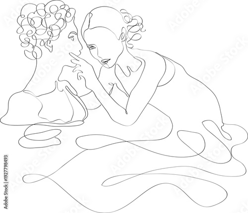 Sculptor’s hands smoothing bust. Woman gently touching face of classical female bust in soft natural light for serene and emotional sculpture appreciation