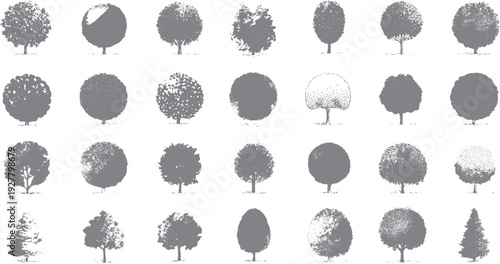 Collection of grey tree silhouettes with varied foliage textures and shapes. Diverse deciduous and coniferous forms displayed