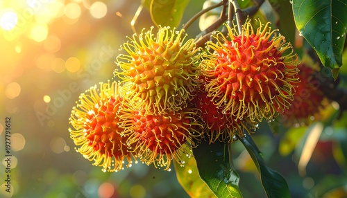 Rambutan Fruits on Tree Branch with Leaves.