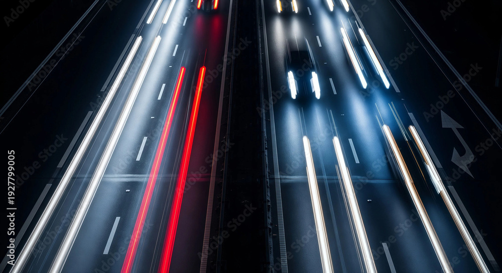Fototapeta premium High speed long exposure night traffic light streaks moving fast along dark city highway road creating blur lines