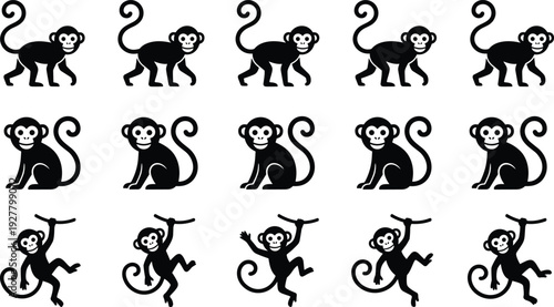 Cute monkey silhouette set with walking, sitting and swinging poses, playful primate vector collection isolated on white background for kids design, logos, stickers and wildlife projects
