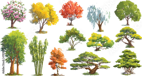 Collection of diverse trees with varied foliage colors and shapes. Bamboo stalks and bonsai style trees are also depicted