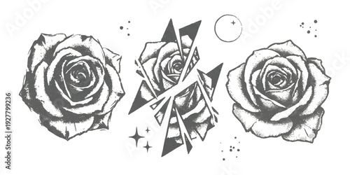 Vintage hand drawn rose tattoo set with broken geometric flower and celestial elements black ink vector illustration