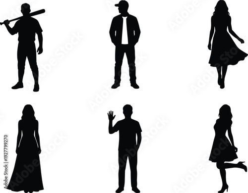 Collection of human silhouettes in different poses, men and women standing, waving, holding bat and wearing dress, black vector people isolated on white background