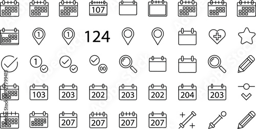 Calendar and Date Line Icon Set with Schedule, Events, Reminders, Location Pins, Checkmarks, and Planning Symbols for Apps and Interfaces