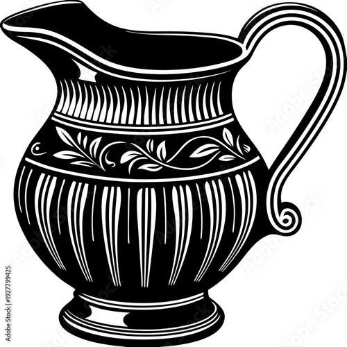 ceramic pitcher vector, vintage jug illustration, black silhouette pitcher, elegant kitchenware graphic, decorative handle pitcher, high contrast vector art, 2D flat design pitcher, homeware icon vect