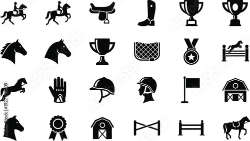 Black equestrian icons set featuring horse riding equipment with saddles boots helmets trophies and stables isolated on white background for sports and ranch designs