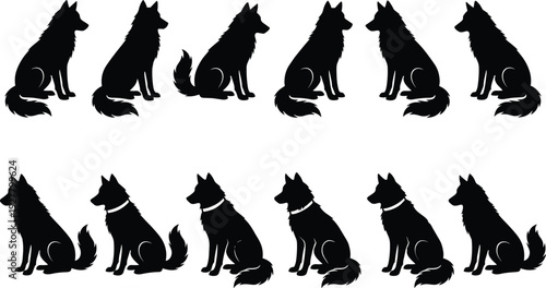 Collection of sitting dog silhouettes in various poses with and without collars, isolated on white background, domestic pet vector illustration set for design