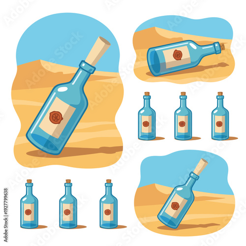 A collection of blue glass bottles with messages on a sandy beach.
