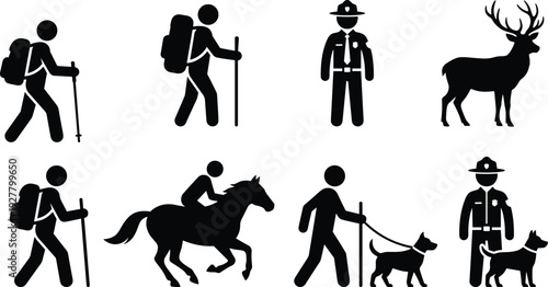 Outdoor adventure silhouettes featuring hikers, park ranger, horse rider, dog walker and deer wildlife icons isolated on white background, vector illustration collection set