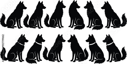 Set of sitting dog silhouettes in different poses with collar variations, isolated on white background, pet animal vector illustration collection for design use
