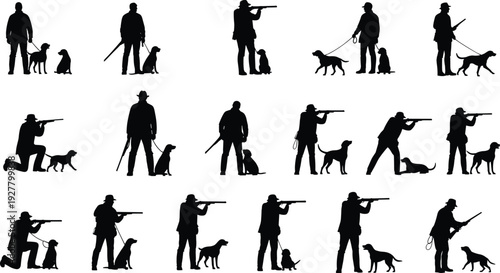 Black hunter silhouettes set featuring various poses of men with shotguns and hunting dogs isolated on white background for outdoor sport design projects