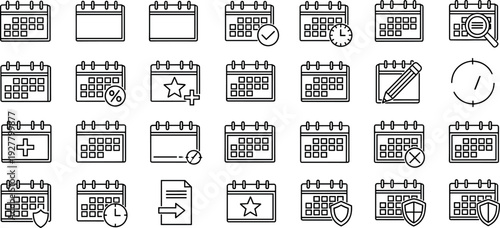 Calendar and Scheduling Line Icon Set Featuring Event Planning, Date Management, Reminders, Deadlines, Appointments, and Time Organization Symbols