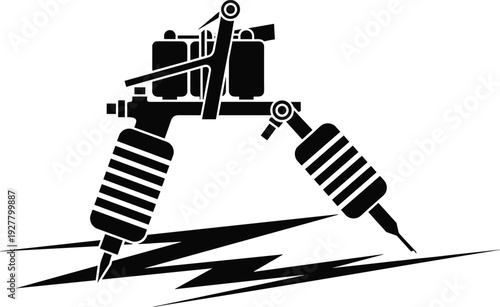 Black and White Vector Silhouette Illustration of a Professional Electric Tattoo Machine Gun Kit for Body Art Studio Equipment and Creative Ink Design Projects