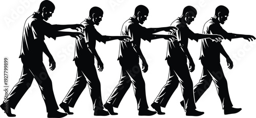Black and White Vector Silhouette Illustration of a Group of Scary Undead Zombies Walking in a Row for Halloween Horror and Apocalypse Design Projects