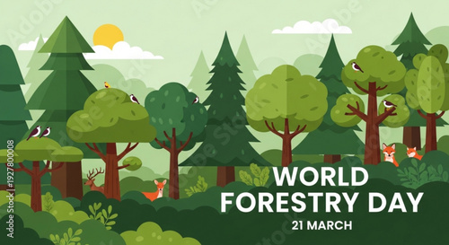 World forestry day illustration with trees animals and sunny landscape celebrating 21 march