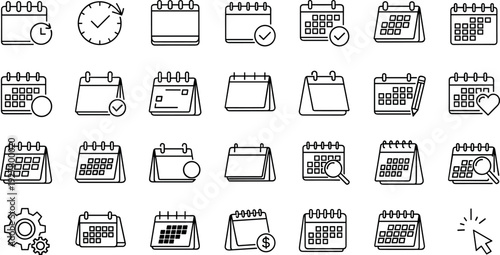 Calendar Icon Set with Schedule, Date, Reminder, and Event Planning Symbols for Productivity Apps, Business Interfaces, Web Dashboards, and Vector Designs