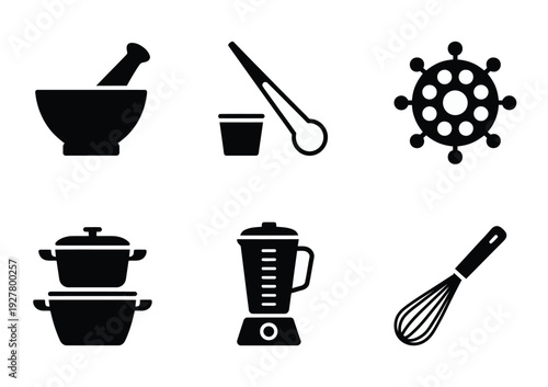 Vector featuring kitchen utensils including a mortar and pestle, tongs, a colander, a steamer pot, a blender, and an egg whisk