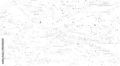Faded grey text and dots scattered across white background abstract texture pattern