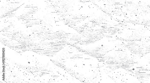 Faded grey text scattered across white background with circular ink splatters abstract texture grunge