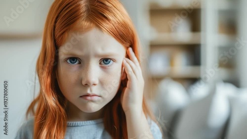 Red-haired, sad little girl suffers from ear pain. home interior with copy space. Ear pain concept.	