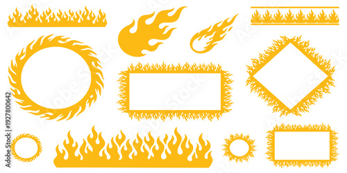 Collection of yellow fire flame borders and frames including circular and rectangular shapes with fireball elements vector illustration