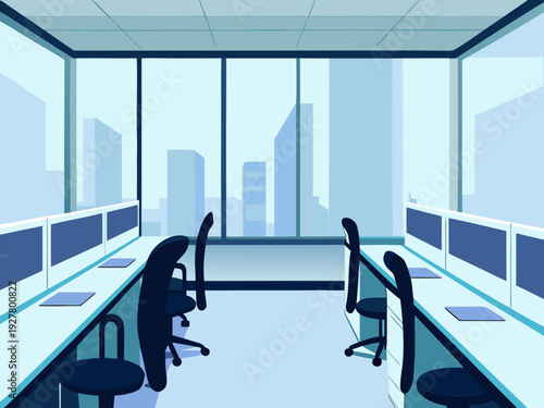 Empty office space with desks and a city view through large windows