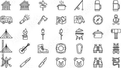 Camping and Outdoor Adventure Line Icon Set with Tent, Map, Backpack, Campfire, Cooking Gear, Navigation, and Survival Symbols for Travel Designs